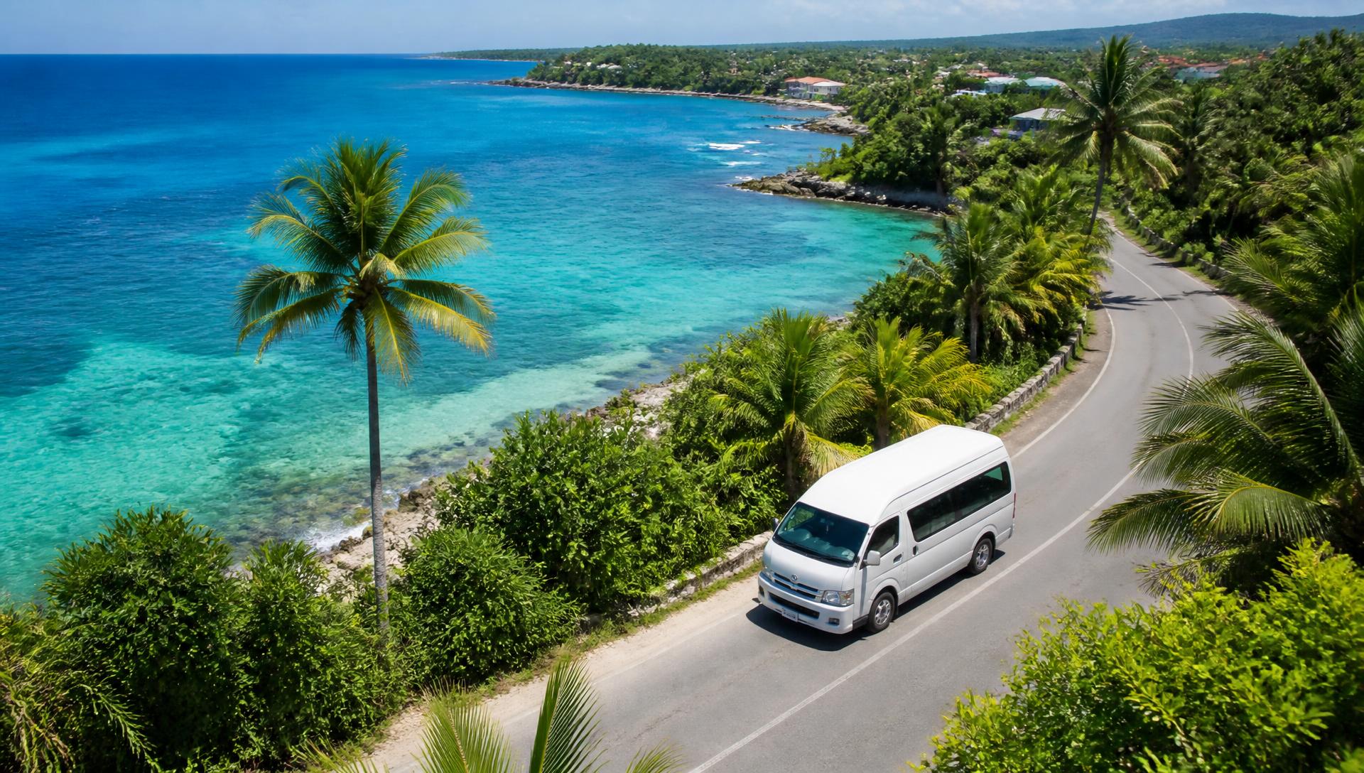 Coastal road in Roatán with a tourist van driving beside the turquoise Caribbean sea